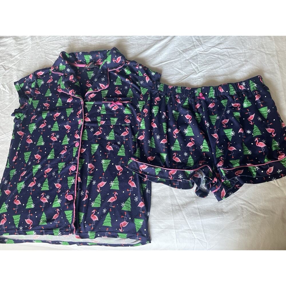 Navy Blue with Pink Flamingo Pajama Set Size Small Petite Sleepwear